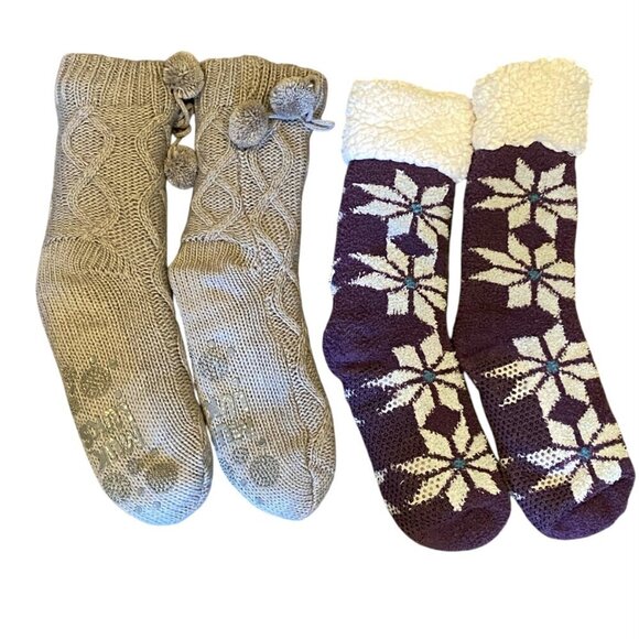 Bundle 2 Cabin Sock Slippers S/M (5-7.5) Muk Luks Gray Pom Pom Purple Nordic 29Y - Picture 2 of 6